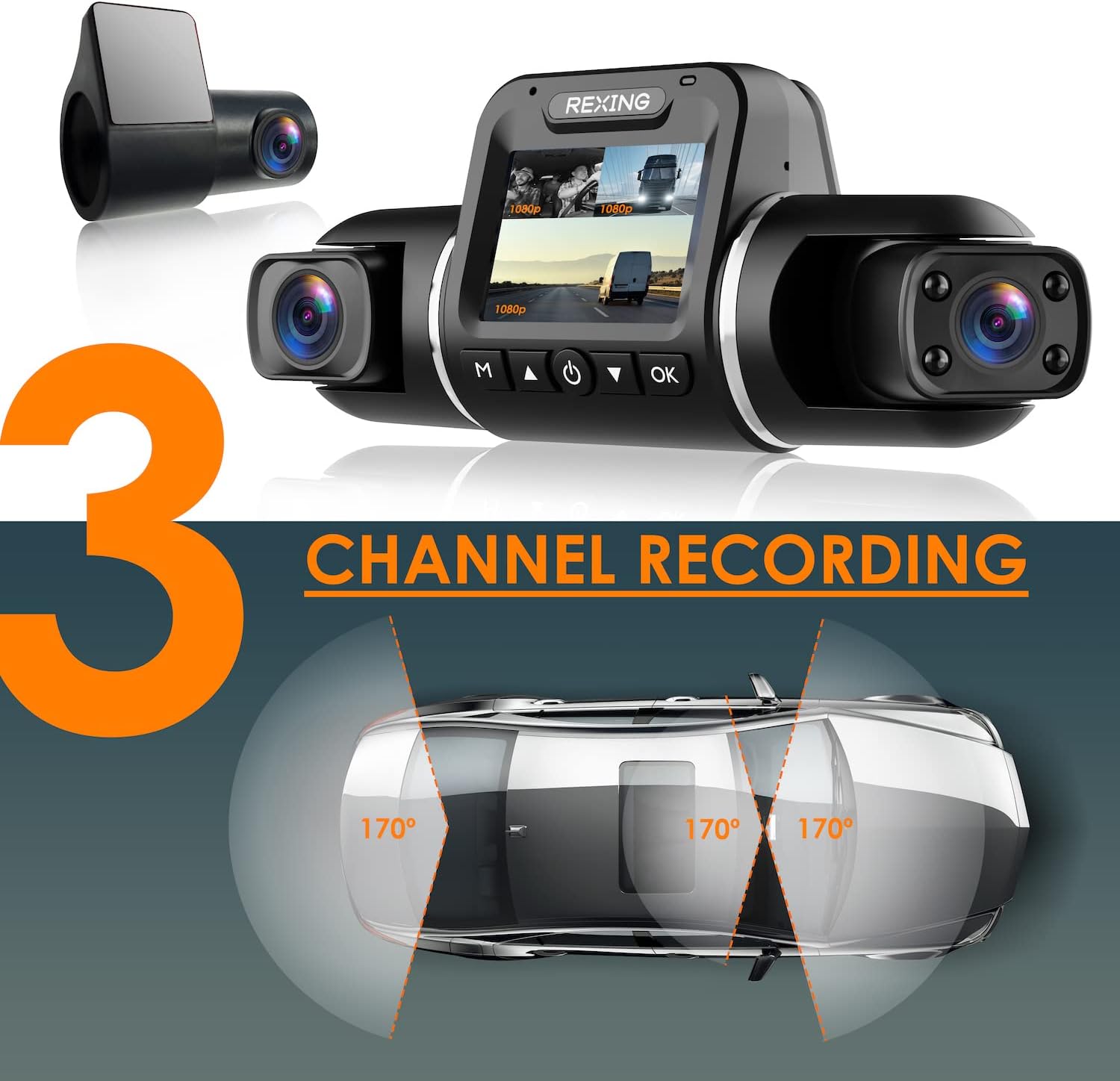 V PR A Das Ca 3-Channe Front/Cabin/Rea 1080 Recordin wit Mobil Ap Nigh Visio Camer w/Fron Collisio Warning Pedestria Alert Lan Departur Warning,Clea t G Alert