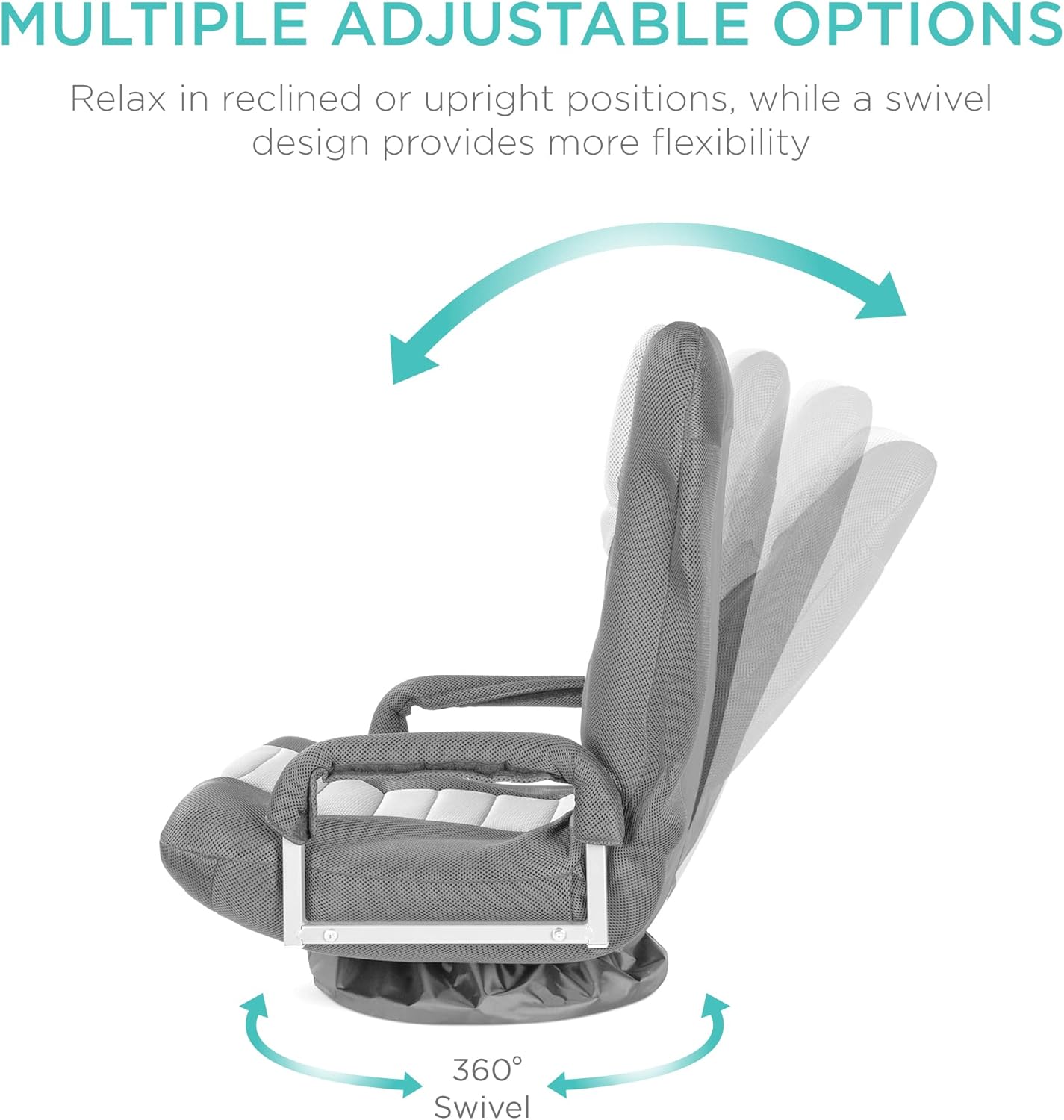 Best Choice Products Swivel Gaming Chair 360 Degree Multipurpose Floor Chair Rocker for TV, Reading, Playing Video Games w/Lumbar Support, Armrest Handles, Adjustable Foldable Backrest - Gray/White