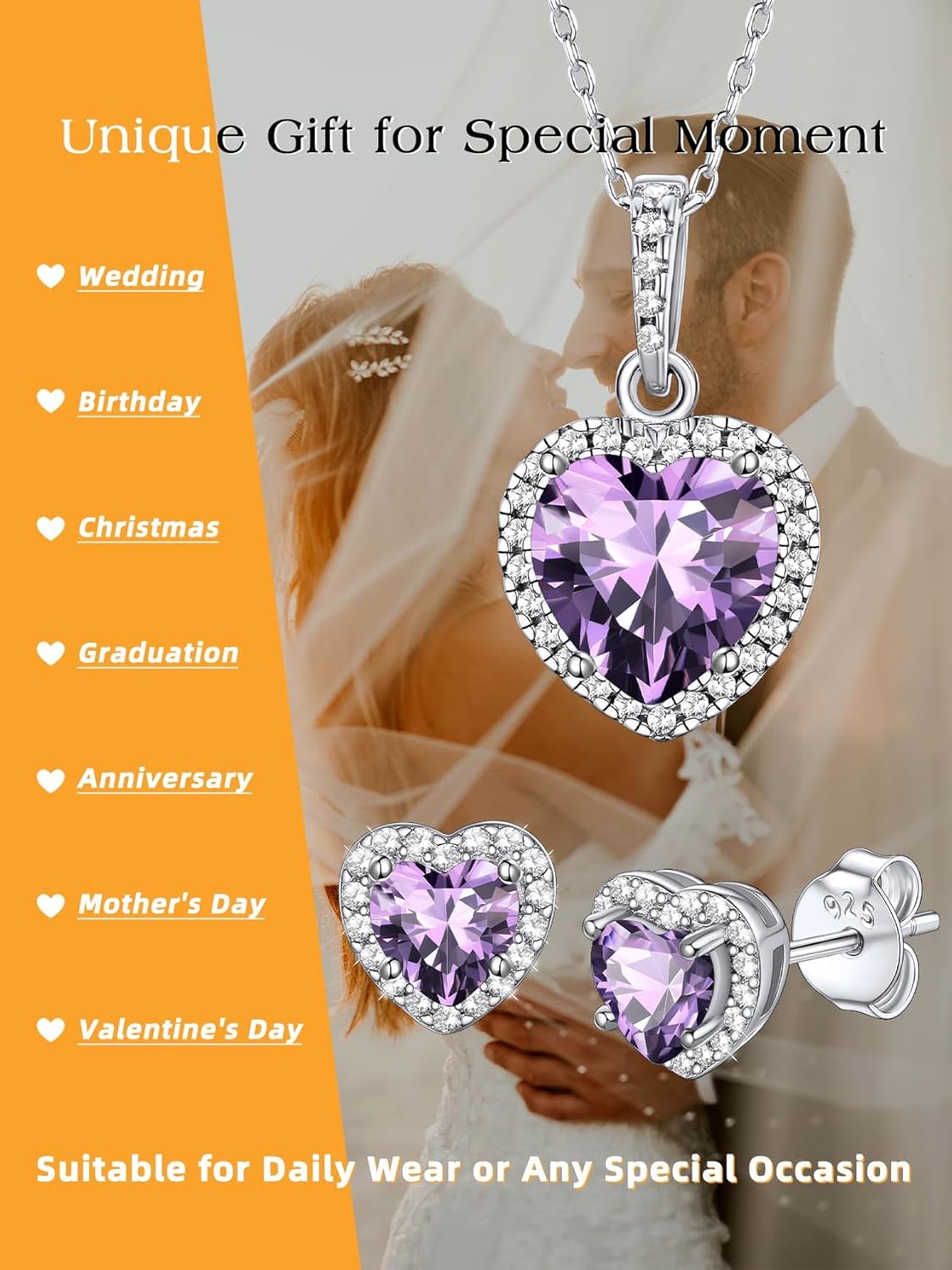 Bestyle Sparkling 925 Sterling Silver Birthstone Stud Earrings for Women, Heart/Round/Teardrop/Square Solitaire Diamond Studs Earrings, Great Birthday/Christmas Gifts