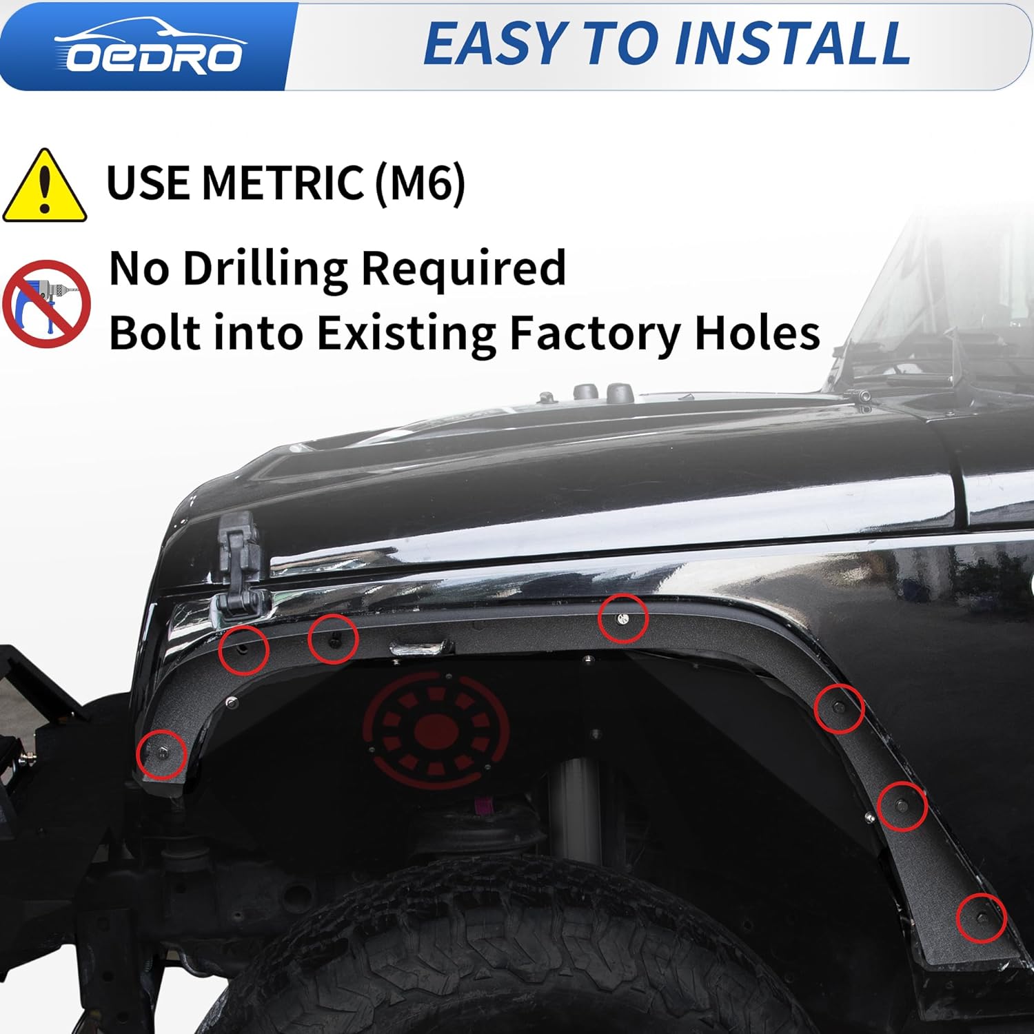 OEDRO Flat Front & Rear Fender Flares Compatible with 2007-2018 Jeep Wrangler JK & JKU Unlimited, 4 PCS Off-Road Steel Liner Set, Fenders for Jeep JK