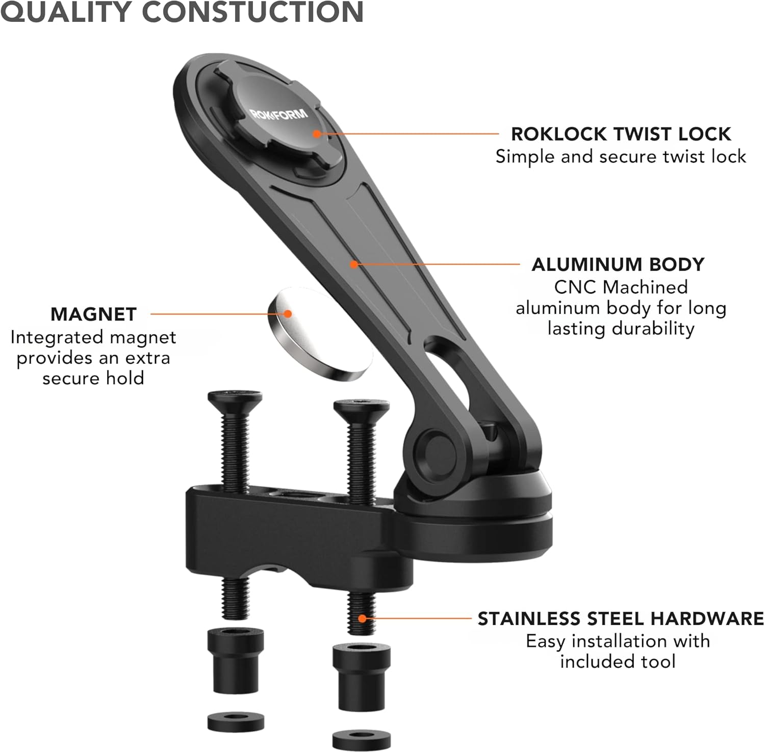 Rokform Motorcycle Phone Perch Mount, Fits Most Harley's, Metrics, and Indian Cruisers, Secures Phone Via RokLock and Built-in Magnet (Polished Aluminum)