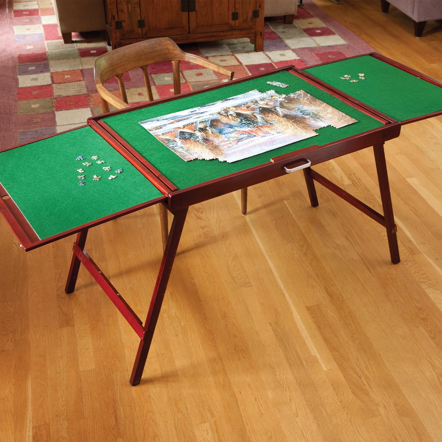 Bit an Piece Fold-and-g Woode Jigsa Puzzl Tabl wit Leg Foldin Puzzl Boar 150 Pieces Non-Sli Top Carr Handle Fel Sortin Area 66inc 25inc Wor Surface