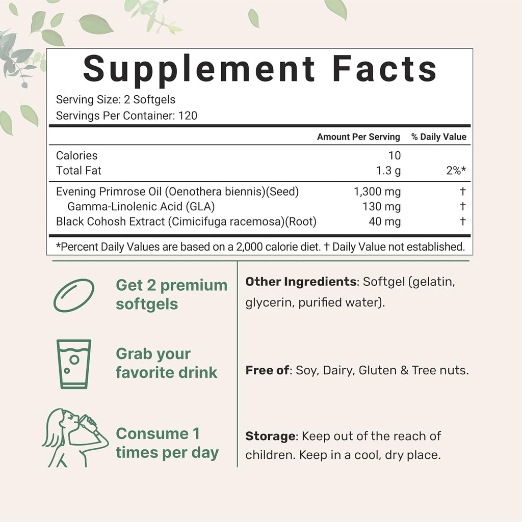 Micr Ingredient Evenin Primros Oi 1300m Pe Serving 24 Softgel Enhance wit 40m Blac Cohos Extract Col Presse 10 Activ GLA Non-GMO N Gluten Eas t Swallow