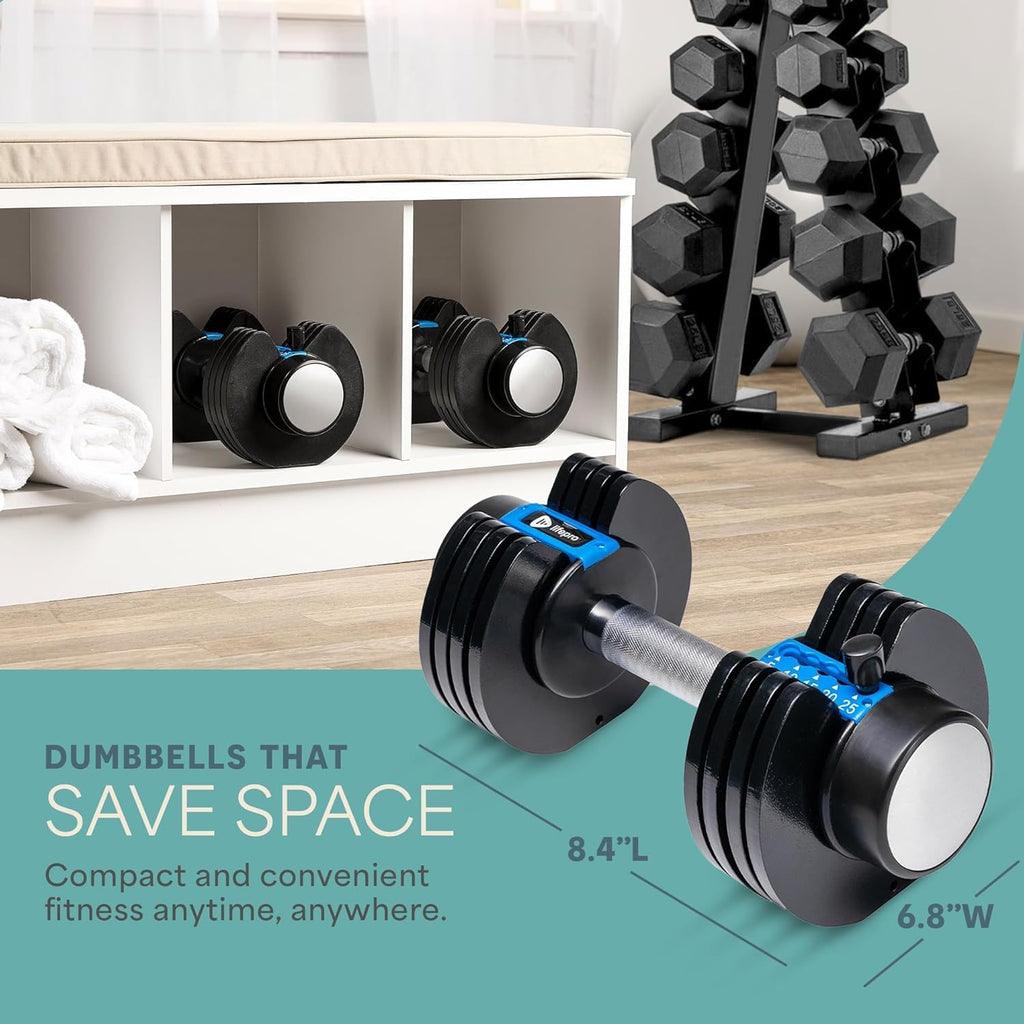 Lifepro Adjustable Dumbbells Set - 5in1-15lb 25lb 43lb 55lb weights Set Single with Rack - Quick Adjust, Secure Grip - Compact Hand Weights for Men Women Home Gym