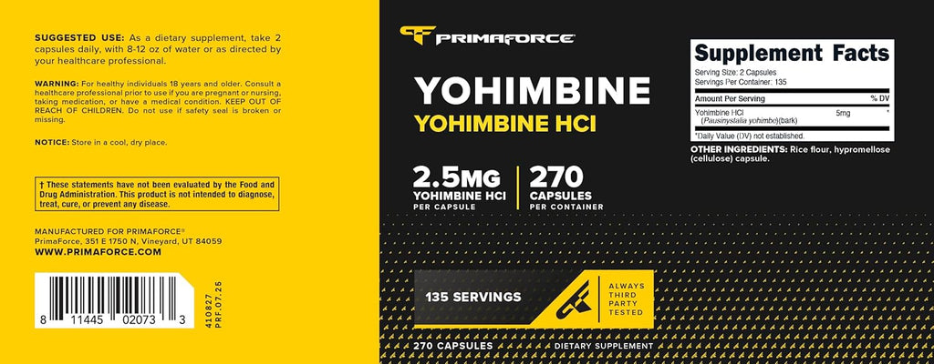PrimaForce Yohimbine HCl 2.5mg, 270 Capsules - Premium Supplement, Boosts Performance, Zero Fillers, Non-GMO and Gluten Free