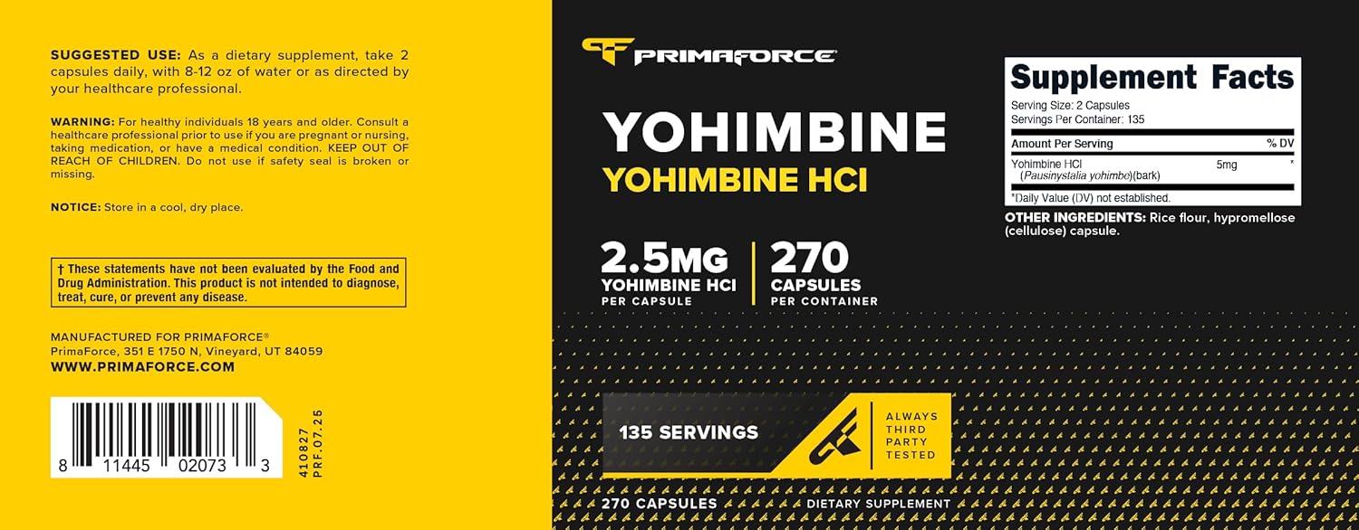 PrimaForce Yohimbine HCl 2.5mg, 270 Capsules - Premium Supplement, Boosts Performance, Zero Fillers, Non-GMO and Gluten Free