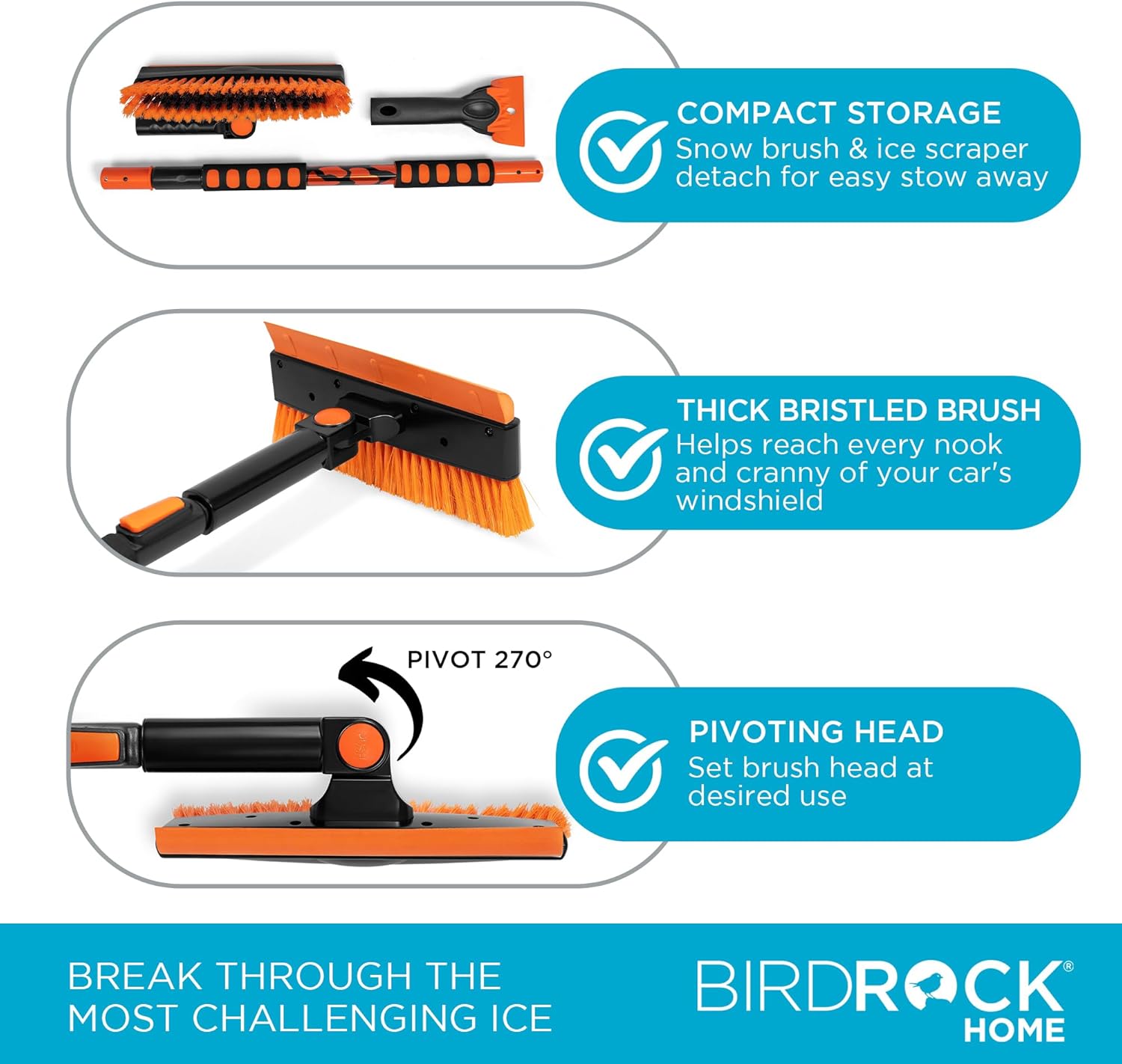 BIRDROC HOM 60inc Extendabl Ca Sno Brus an Ic Scrape Lightweigh Aluminu Sno Clearin Too w/Detachabl Ic Scrape w/Ergonomi Gri Desig 13inc Foa Bristl Hea fo Truc Ca SU RV