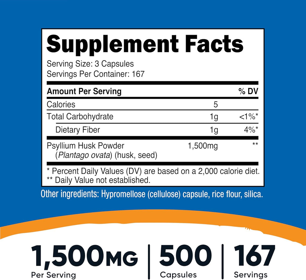 Nutricost Psyllium Husk 1500mg Per Serving, 500 Capsules - Non-GMO Gluten Free