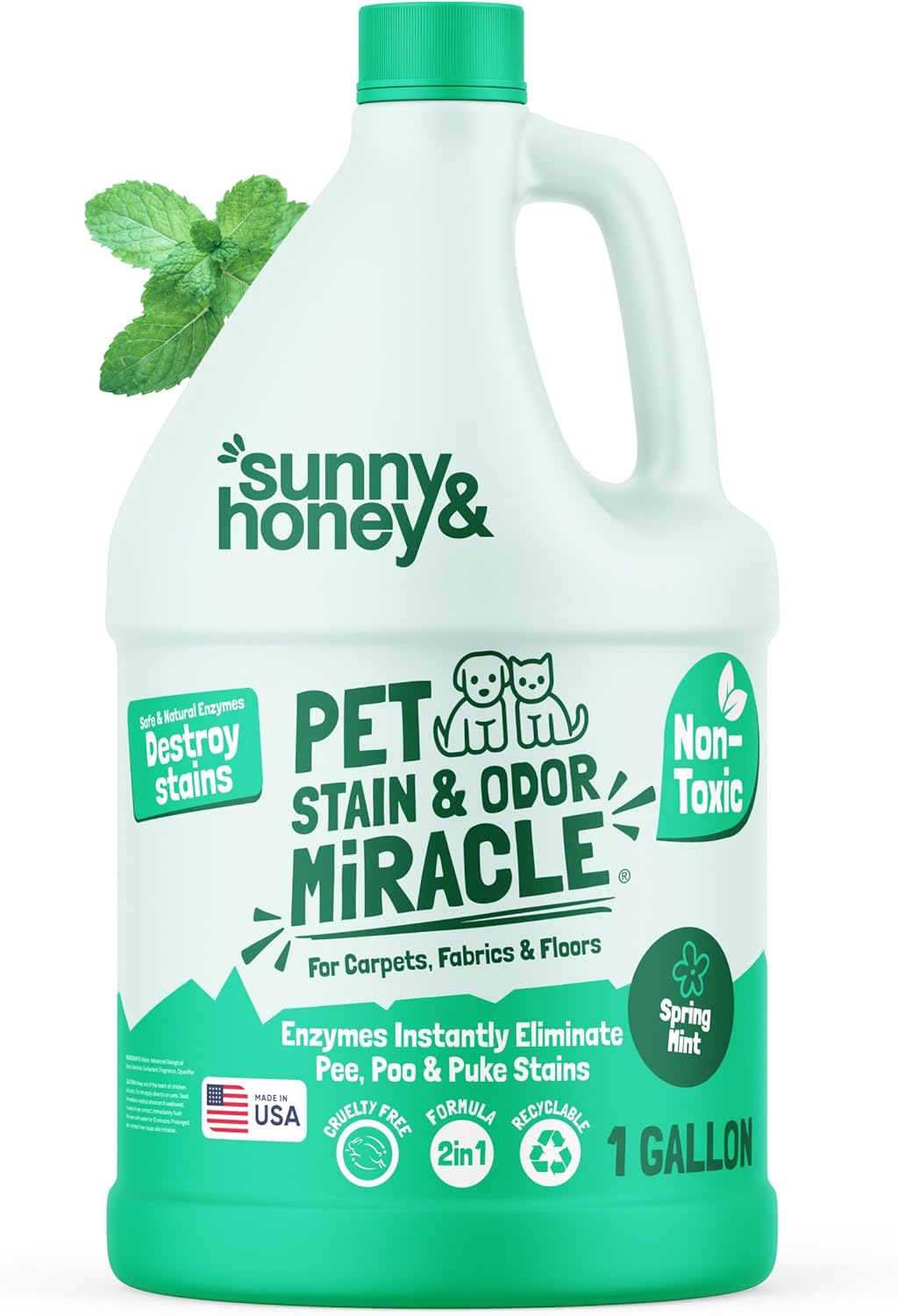 Sunny Honey Enzyme Cleaner Stain Remover - 1 gal (128 fl oz), Spring Mint Scent - Pet Kid Safe Pet Enzyme Cleaner - Heavy Duty Carpet Cleaner Solution