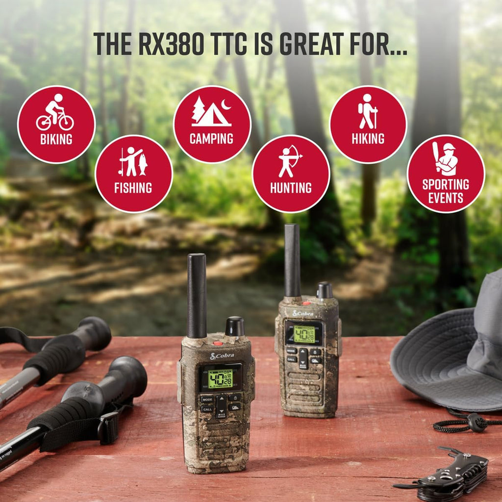 RX380 Walkie Talkies (2-Pack) ¨C Weather Resistant Two Way Radios Long Range, 40 Pre-Programmed Channels, Weather Alerts, LED Flashlight, Long-Life NiMH Batteries (TrueTimber Strata Camo)