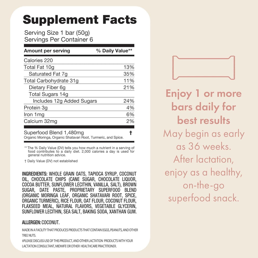 Bar Superfood Oatmeal Chocolate Chip Lactation Bar for Breastfeeding Moms to Increase Milk Supply | #1 Selling Lactation Snack Bars | Vegan, Fenugreek-Free, Gluten-Free, Dairy-Free (12 Bars)