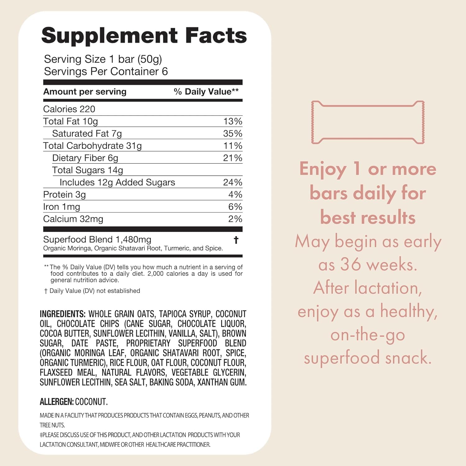 Bar Superfood Oatmeal Chocolate Chip Lactation Bar for Breastfeeding Moms to Increase Milk Supply | #1 Selling Lactation Snack Bars | Vegan, Fenugreek-Free, Gluten-Free, Dairy-Free (12 Bars)