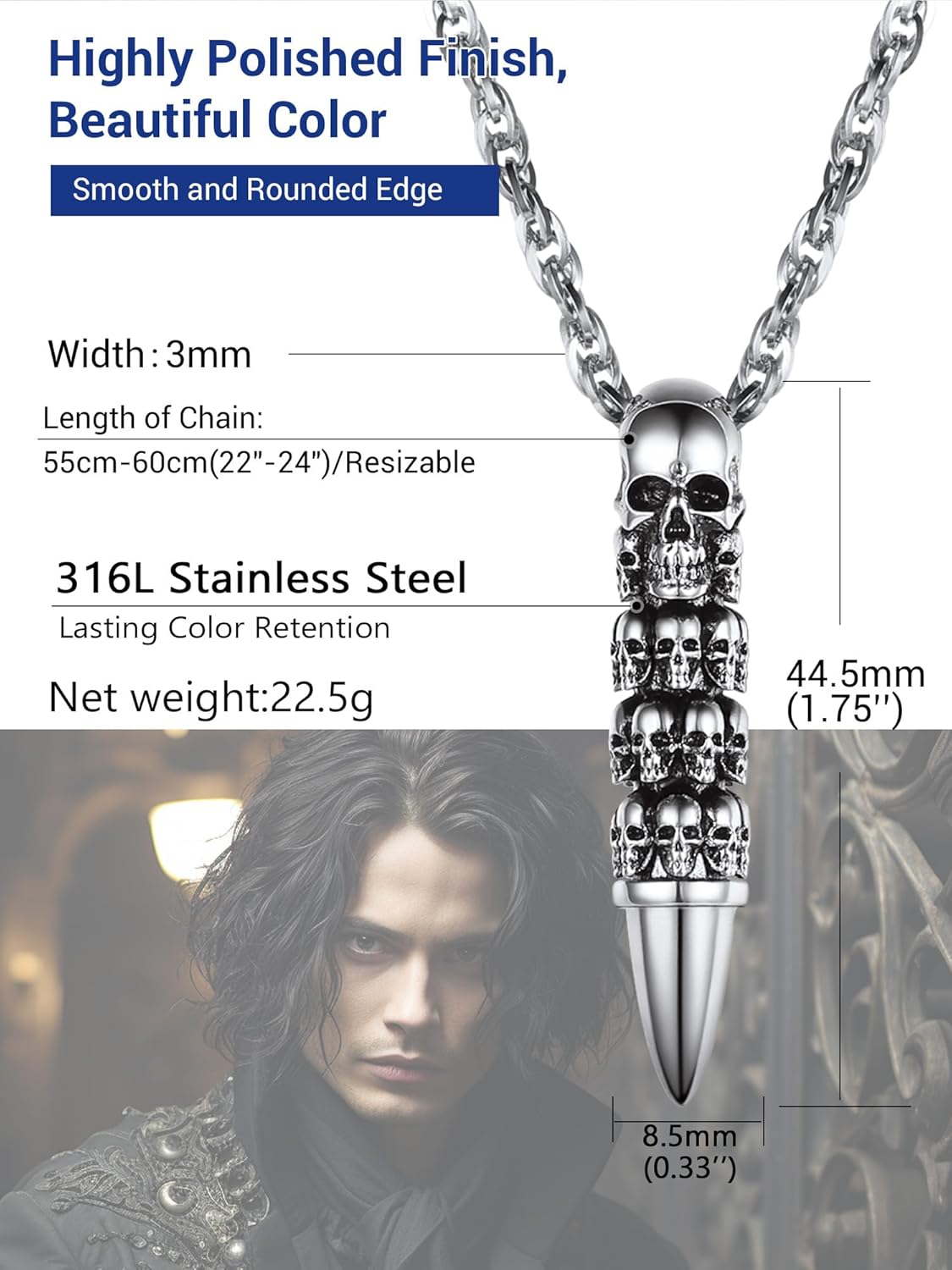 Skull Necklace for Men, Stainless Steel Skeleton Pendant Necklaces, Retro Hip Hop Punk Style, Gothic Halloween Jewelry, Come with Box