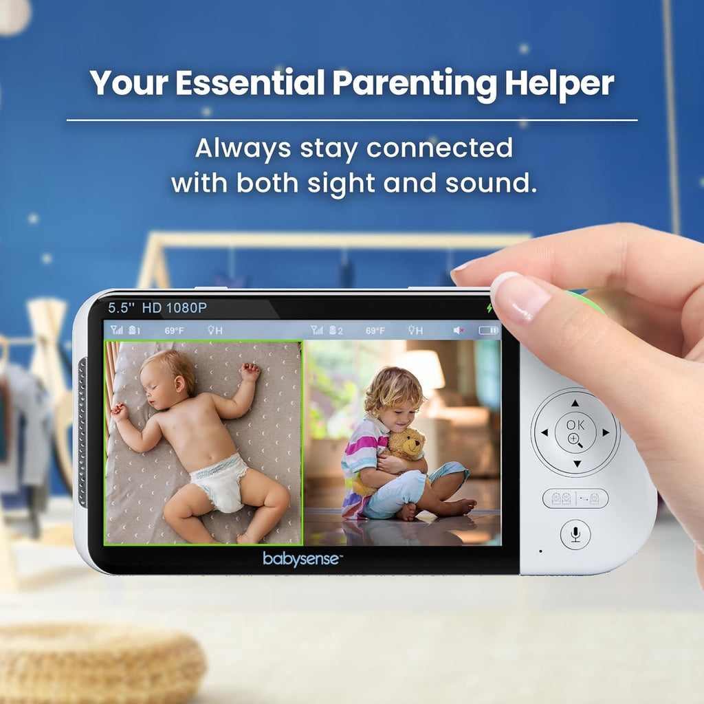 Babysense Full HD 5.5inch Split Screen Baby Monitor with 2 Cameras, 6-Color Night Light, White Noise, Sound Light Machine, 20-Hour Battery, Hack-Proof Non-WiFi Secure Connection