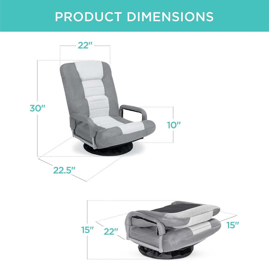 Best Choice Products Swivel Gaming Chair 360 Degree Multipurpose Floor Chair Rocker for TV, Reading, Playing Video Games w/Lumbar Support, Armrest Handles, Adjustable Foldable Backrest - Gray/White