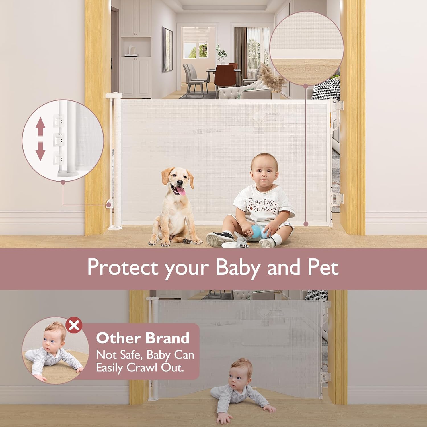 Retractable Baby Gate, Momcozy Mesh Baby Gate or Mesh Dog Gate, 33inch Tall,Extends up to 55inch Wide, Child Safety Gate for Doorways, Stairs, Hallways, Indoor/Outdoor