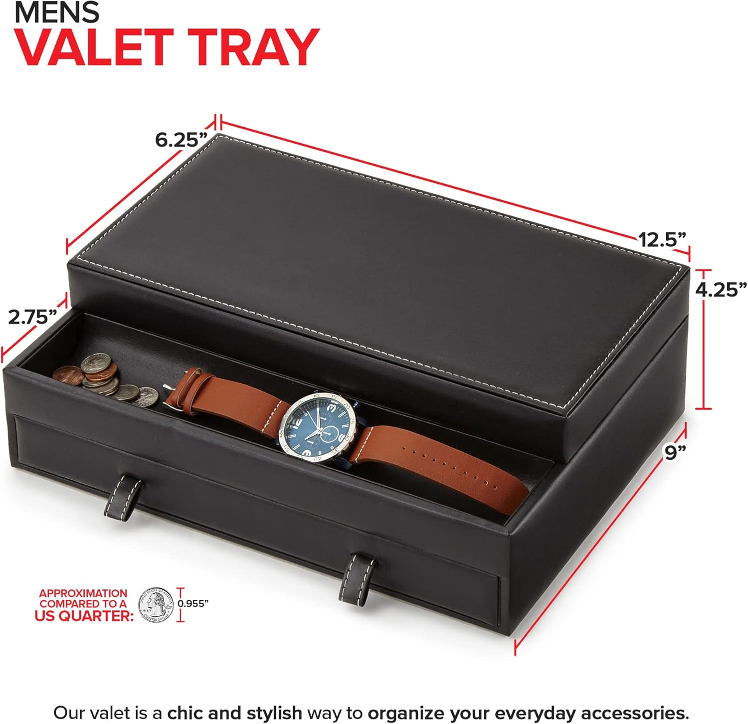 Stock Your Home Mens Valet Tray, Men's Jewelry Box, Night Stand Organizers and Storage, Bedside Table Organizer, Watch Box for Dresser, Faux Leather (Black Gray)