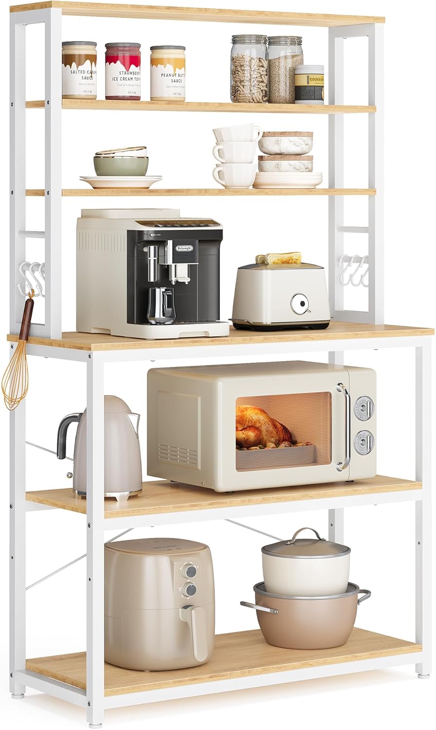 VASAGLE Coffee Bar, 31.5 Inches Baker's Rack for Kitchen with Storage, 6-Tier Kitchen Shelves with 6 Hooks, Microwave Stand, Modern, Golden Oak and Cloud White UKKS019W09