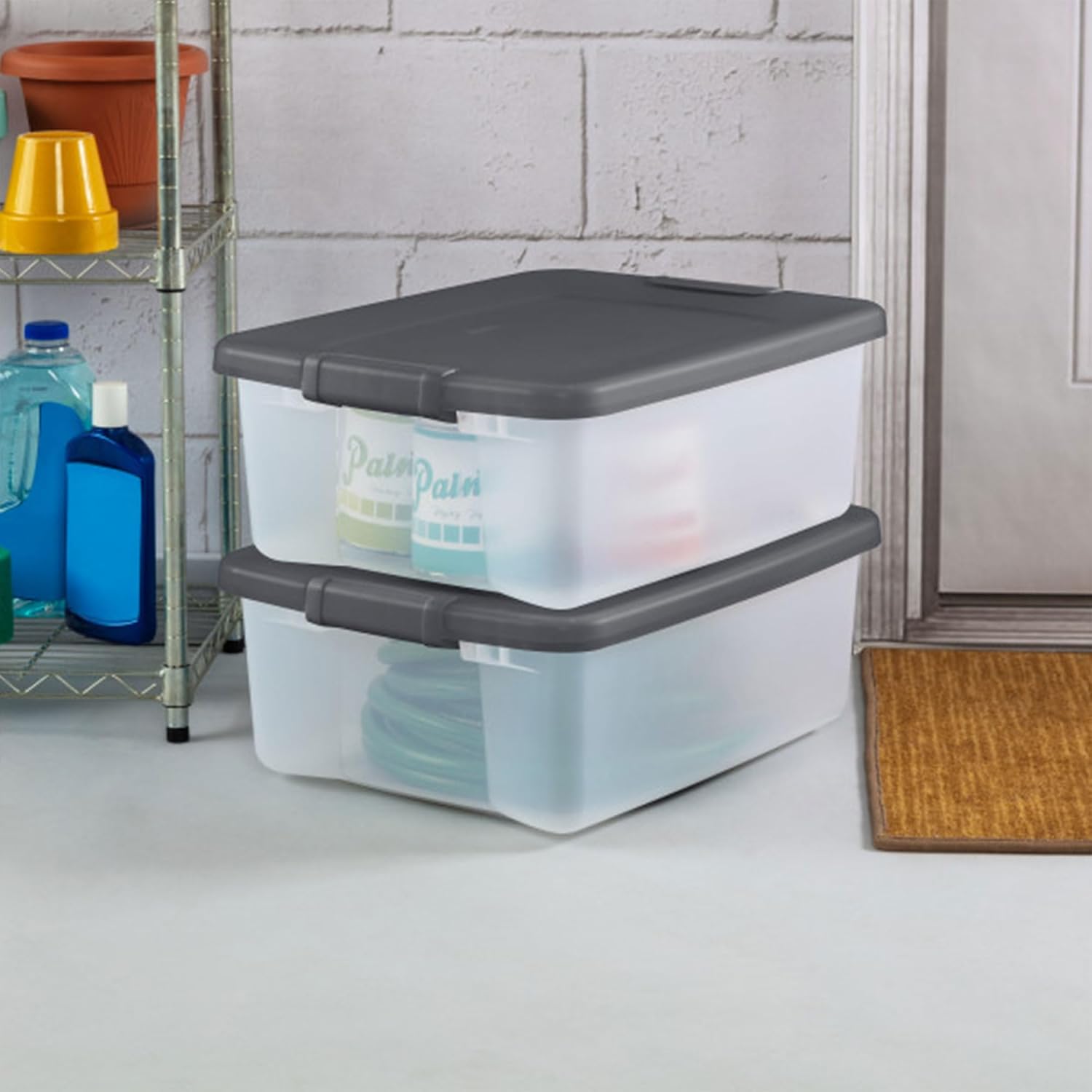 Sterilit 12-Pac ShelfTote Clea Plasti Storag Bin wit Lids 2 Quart Gra Stackabl Organizin Containe Boxe fo Closet Bathroom an Office