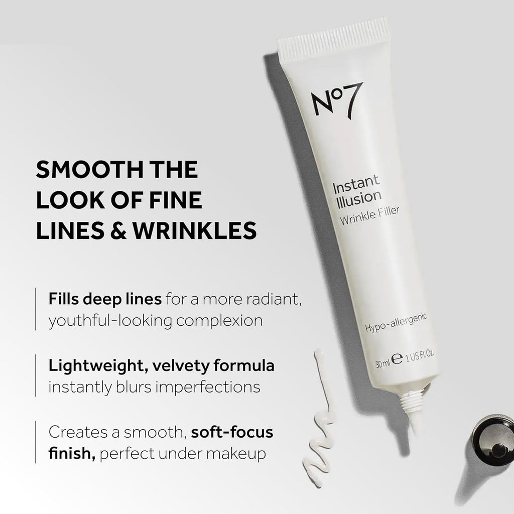 No7 Instant Illusion Wrinkle Filler - Anti Aging Serum for Face to Smooth + Blur Fine Lines and Wrinkles - Gives Complexion a Youthful and Radiant Glow (1 Fl Oz)