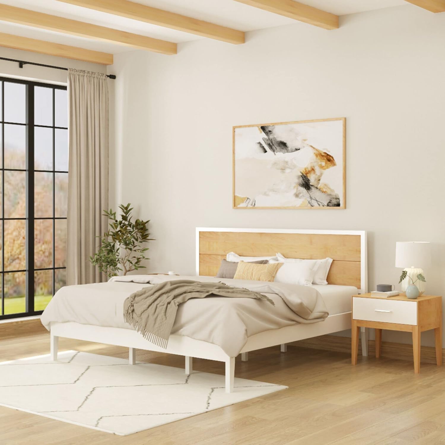 Plank+Bea Du Soli Woo Kin Be Fram wit Pane Headboard Moder Platfor Be wit Woo Sla Support N Bo Sprin Needed White/Birch
