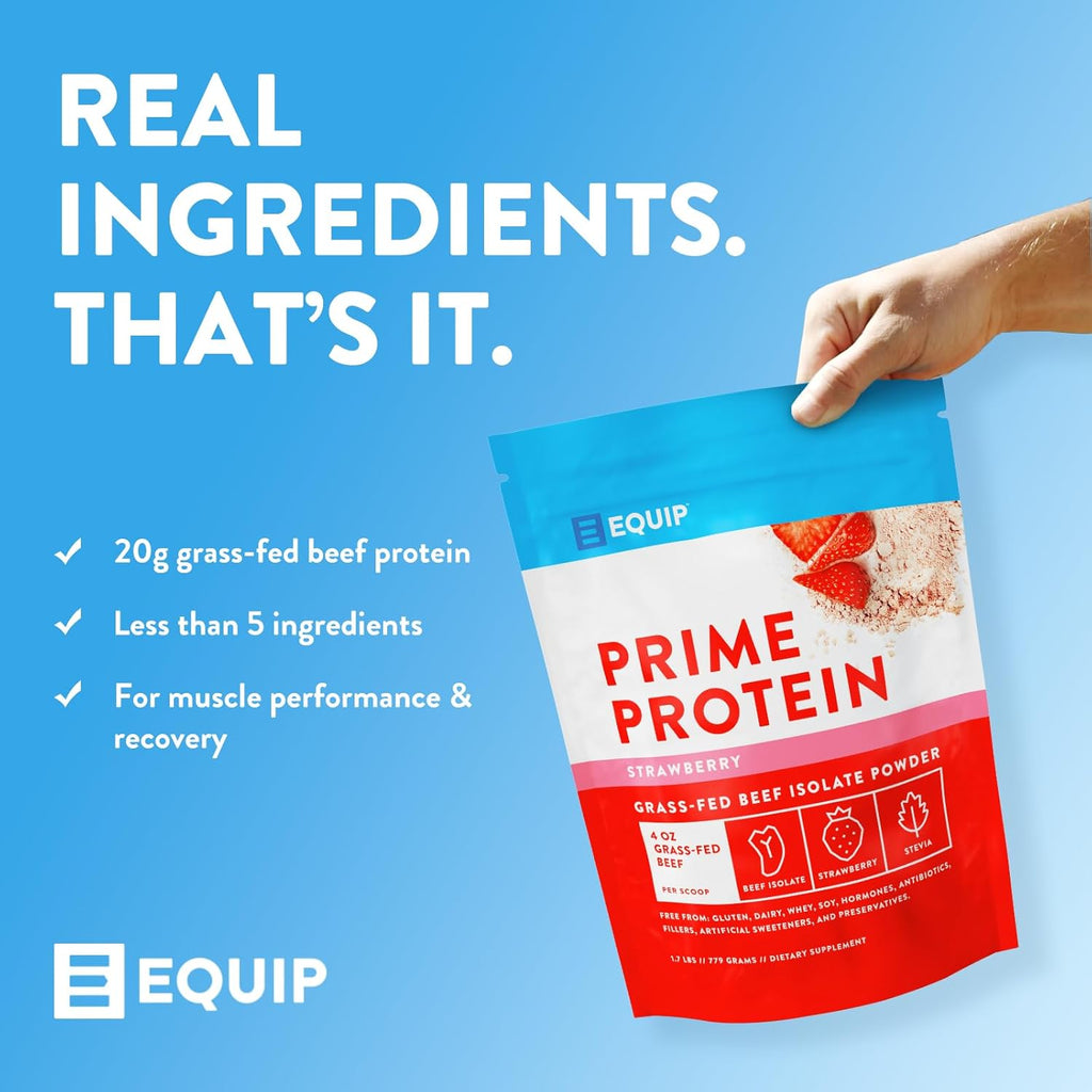 Equip Foods Prime Protein Powder | Clean, Grass Fed Beef Protein Powder | Carnivore Protein Isolate | Paleo, Keto Friendly | Gluten Dairy Free | Helps Build Repair Tissue | 30 Servings, Strawberry