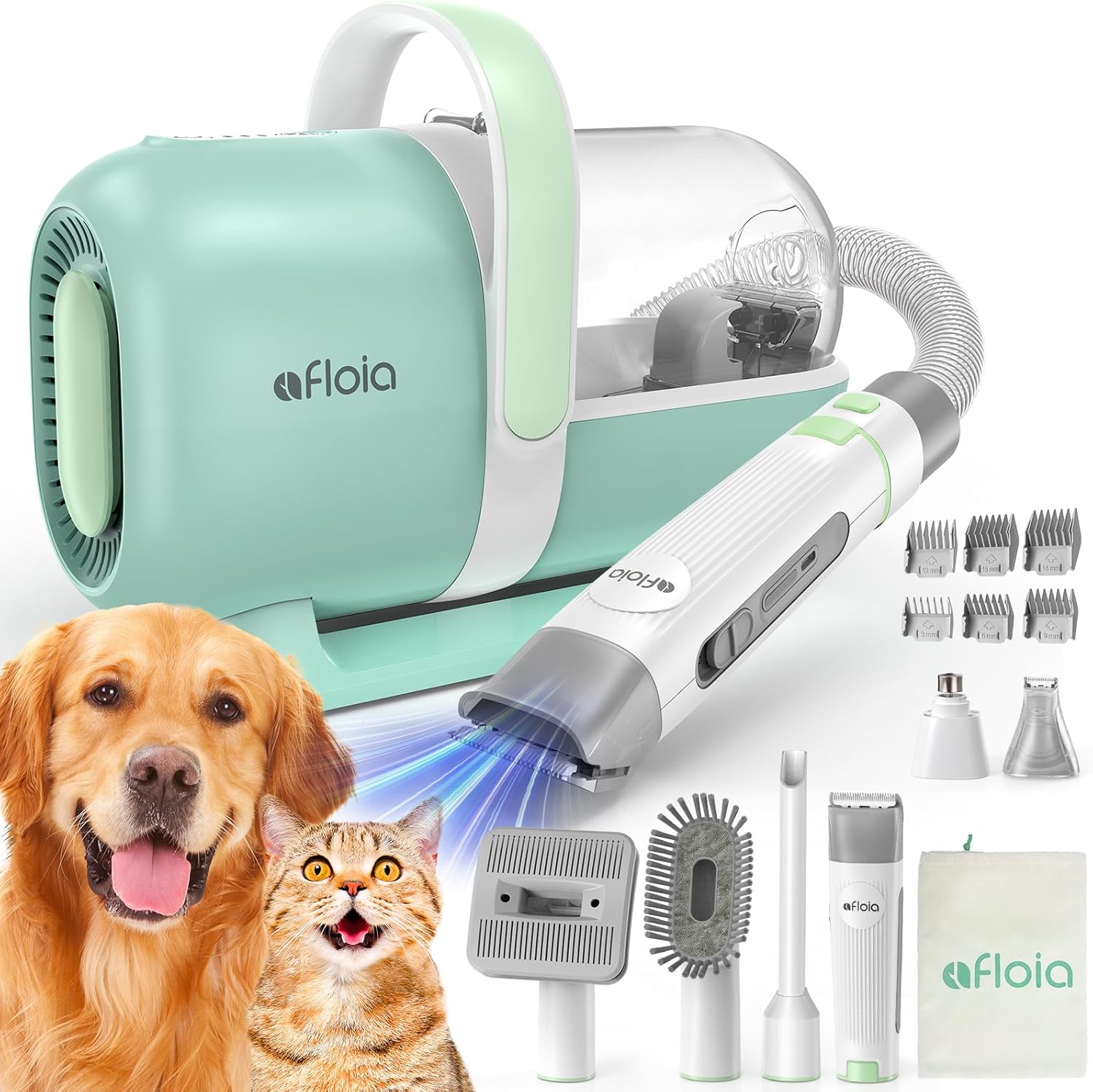 6-in-1 Dog Grooming Kit, Pet Grooming Vacuum for Shedding, Dog Hair Vacuum with Clipper Nail Trimmer Grinder, Pet Brush Groomer at Home, Low Noise Cats Hair Remover, 1.5L Dust Cup, Green