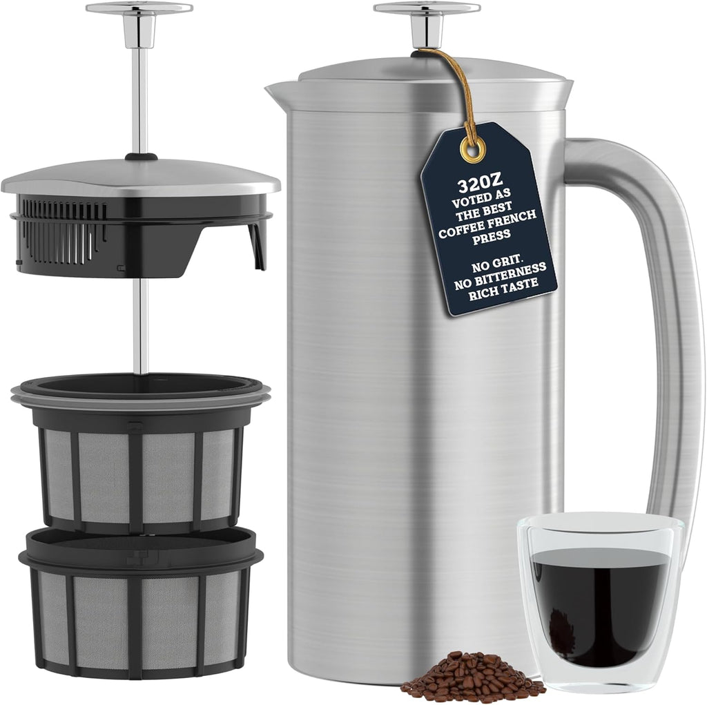 ESPRO P7 Brushed Stainless Steel French Press 304 ¨C Patented Double Walled Micro-Filter Insulated French Press Coffee Maker, Grit-Free Brew - Heat Resistant BPA Free (32oz)