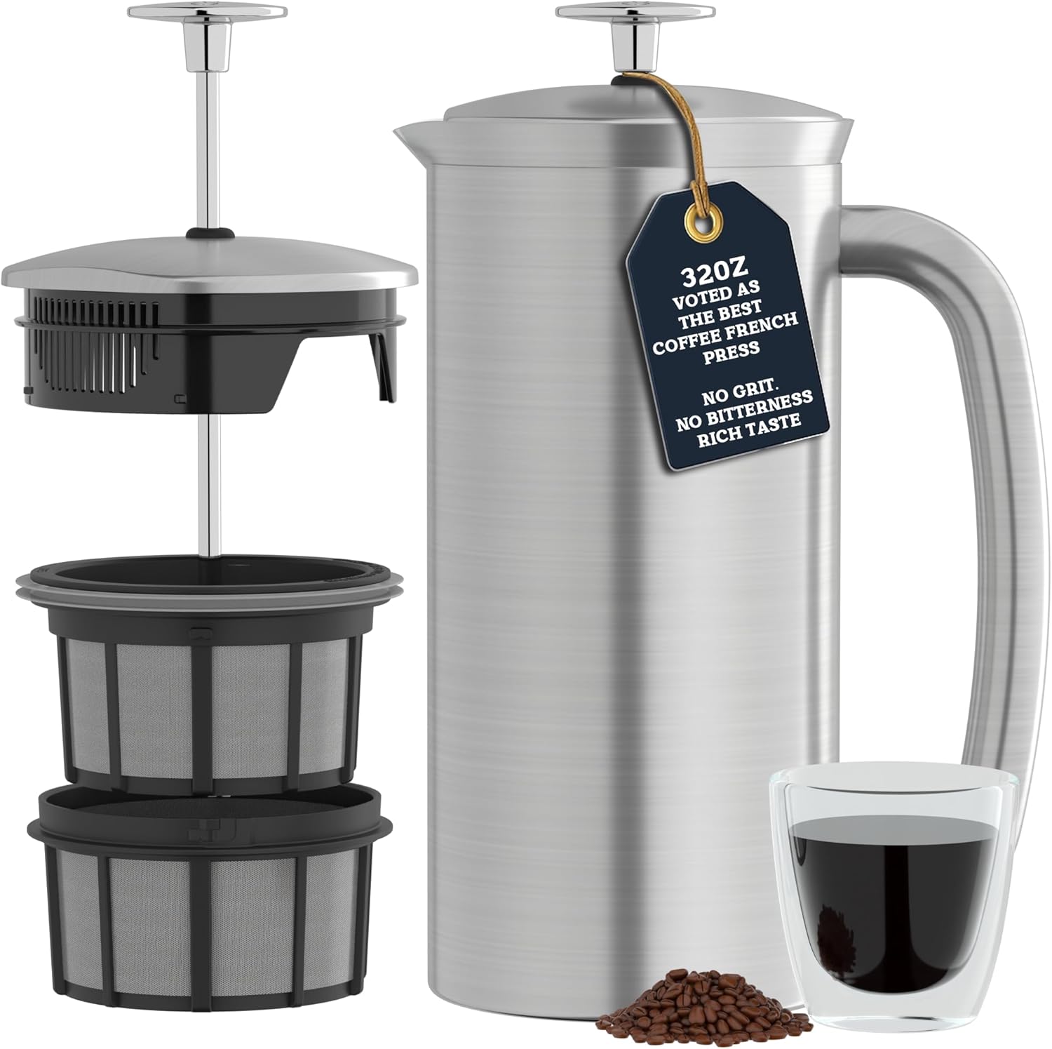 ESPRO P7 Brushed Stainless Steel French Press 304 ¨C Patented Double Walled Micro-Filter Insulated French Press Coffee Maker, Grit-Free Brew - Heat Resistant BPA Free (32oz)