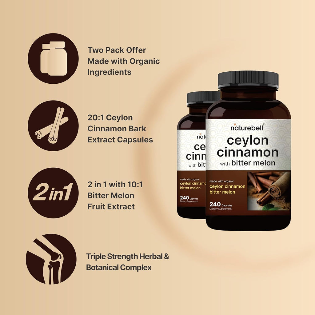 NatureBell 2 Pack Ceylon Cinnamon 9000mg Per Serving, 480 Capsules | Made with Organic Sri Lanka Ceylon Cinnamon Plus Organic Bitter Melon ¨C Non-GMO, No Gluten