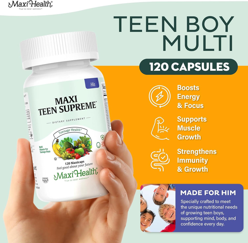 Maxi Health Multivitamin for Him ¨C Boys Vitamins for Ages 12¨C17 Teen Supreme ¨C Men¡¯s Multivitamin for Energy, Immune Boost, Body Brain Includes D3, Iron, Calcium, Digestive Enzymes (120 Count)