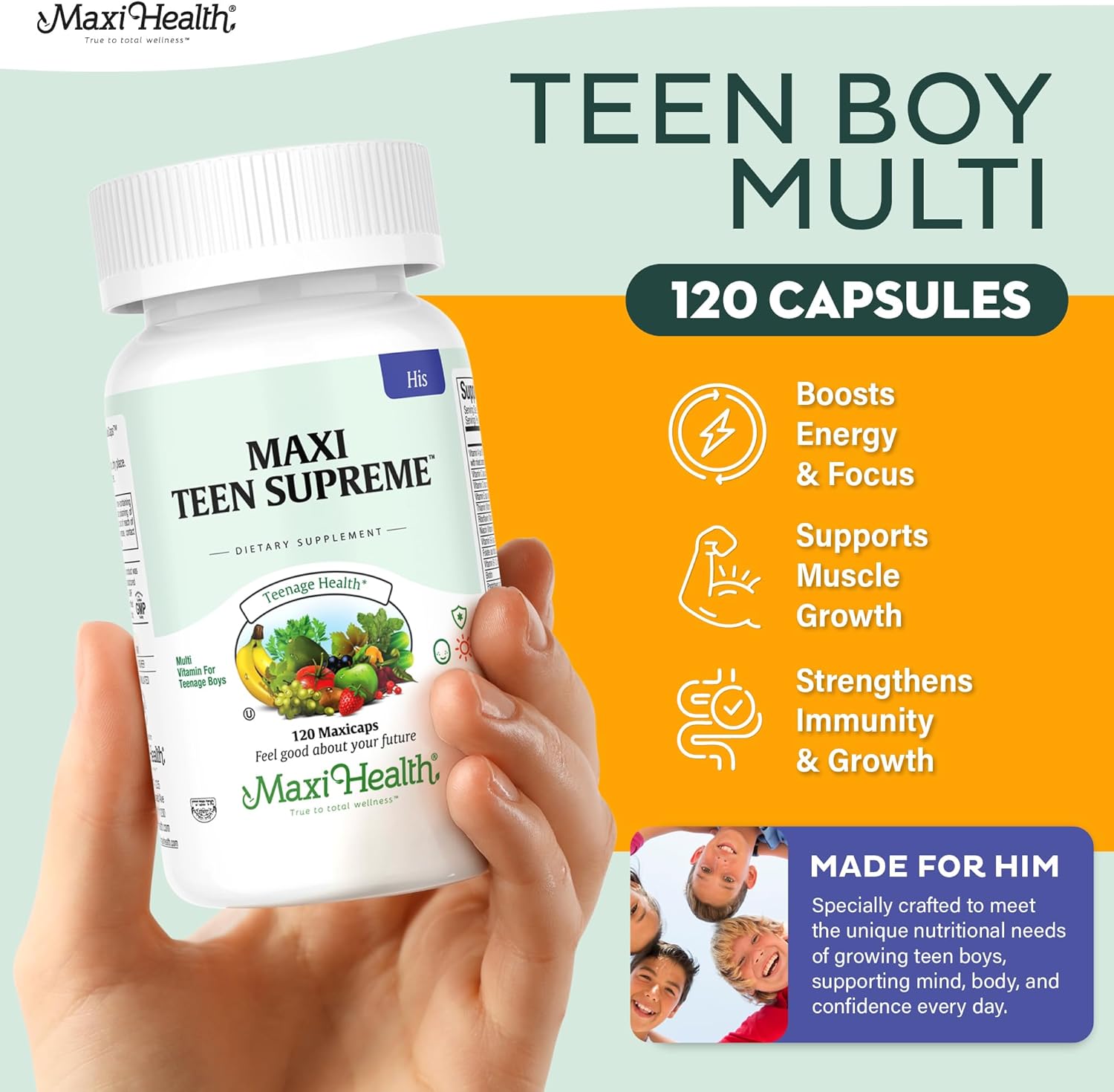 Maxi Health Multivitamin for Him ¨C Boys Vitamins for Ages 12¨C17 Teen Supreme ¨C Men¡¯s Multivitamin for Energy, Immune Boost, Body Brain Includes D3, Iron, Calcium, Digestive Enzymes (120 Count)