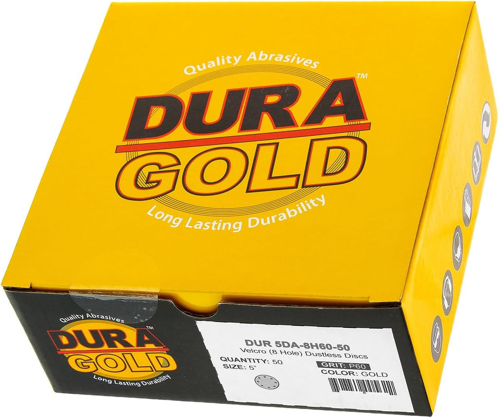 Dura-Gold Premium 60 Grit 5inch Sandpaper Discs, 8 Hole Pattern Dustless, 50 Discs - Hook Loop Backing for Orbital DA Sander, Detailing Finishing Color Sanding Automotive Paint Woodworking