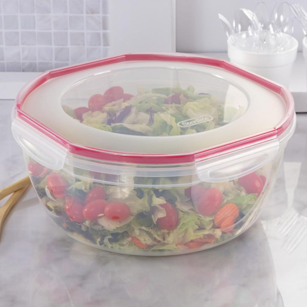 Sterilite Ultra-Seal 8.1 Qt Bowl, Large Airtight Food Storage Container, Latching Lid, Microwave and Dishwasher Safe, Clear With Red Gasket, 6-Pack