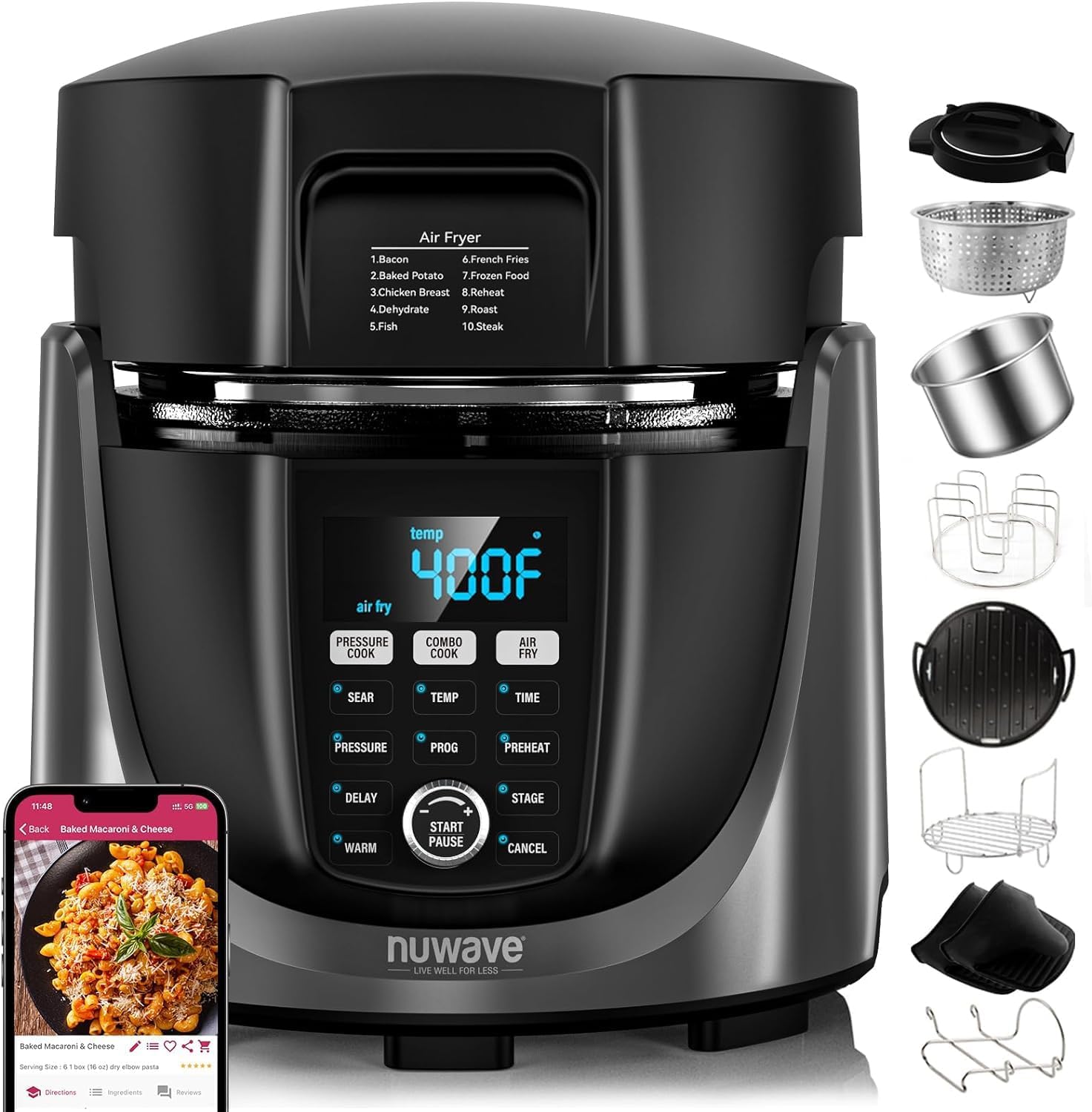 Nuwave Duet Air Fryer, Electric Pressure Cooker & Grill Combo, 540 IN 1 Multicooker with 3 Removable Lids, Slow Cook, Saut¨¦s, Dehydrator, 18/10 SS Pot, Sure-Lock Safety Tech & 13 Deluxe Accessories