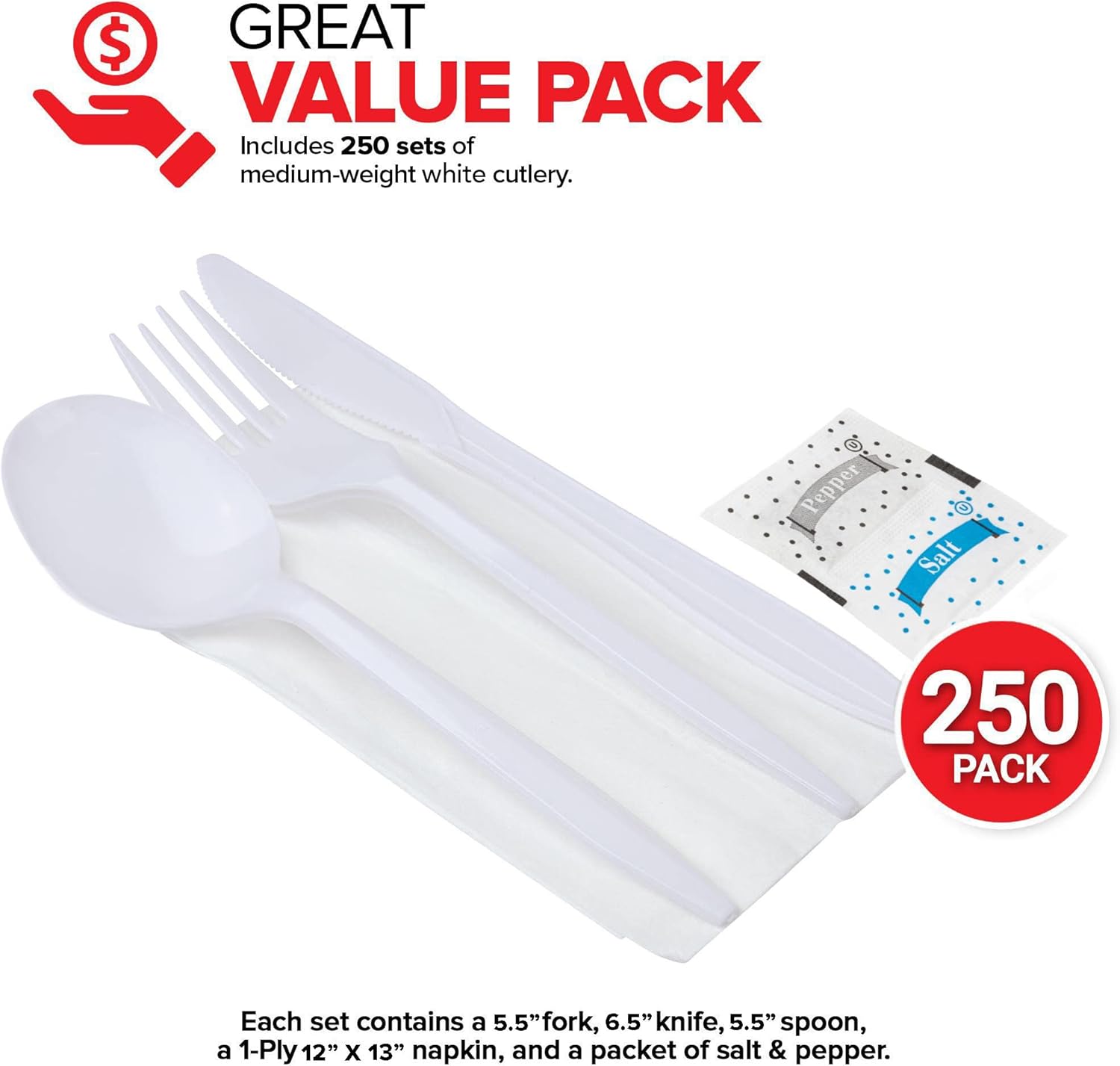 Individually Wrapped Plastic Cutlery Set with Napkin + Salt & Pepper Packets in White (250 Count) Prewrapped Disposable Silverware Bags, Bulk Utensils: Fork, Knife, and Spoon for Togo Eating