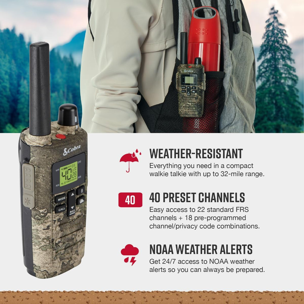 RX380 Walkie Talkies (2-Pack) ¨C Weather Resistant Two Way Radios Long Range, 40 Pre-Programmed Channels, Weather Alerts, LED Flashlight, Long-Life NiMH Batteries (TrueTimber Strata Camo)