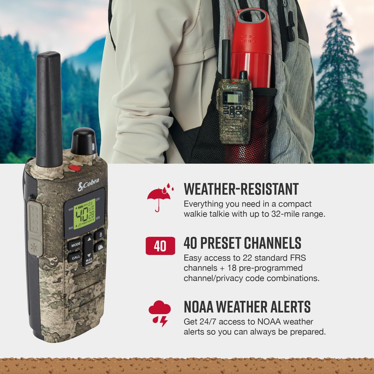 RX380 Walkie Talkies (2-Pack) ¨C Weather Resistant Two Way Radios Long Range, 40 Pre-Programmed Channels, Weather Alerts, LED Flashlight, Long-Life NiMH Batteries (TrueTimber Strata Camo)