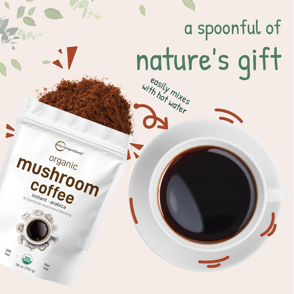 Organic Instant 10 in 1 Mushroom Coffee Powder, 28 Ounce (317 Servings) | Weight Immune Support | Premium Arabica Coffee with Lion¡¯s Mane, Chaga, Reishi,More