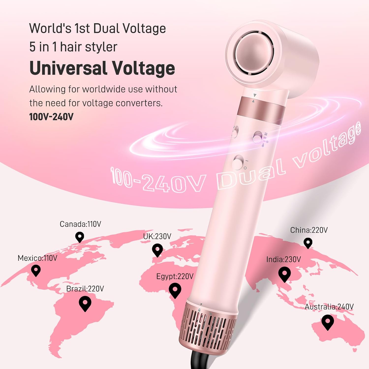 Dual Voltage Hot Air Styler Wrap - 5 in 1 Hair Dryer Brush with Fast Drying Blow Dryer, Styling, Straightening & Volumizing with Travel Bag (100V¨C240V) Gift for Women