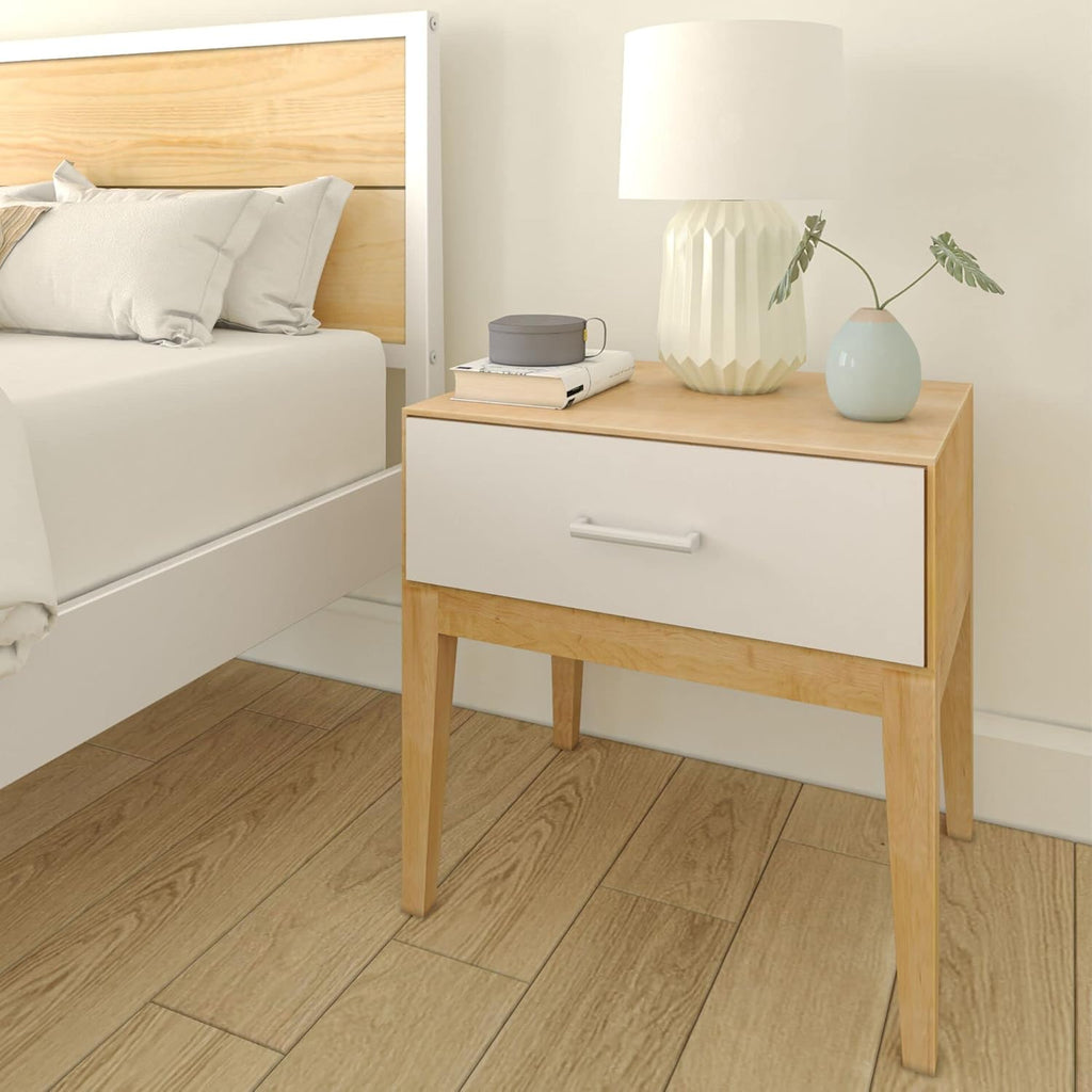 Plank+Beam Duo Wood Nightstand with 1 Drawer, Wooden Side Table for Bedroom Storage, Bedside End Table, White/Birch
