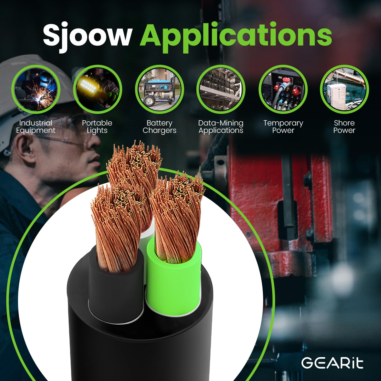 GEARit 12/3 12 AWG Portable Power Cable (100 Feet - 3 Conductor) SJOOW 300V 12 Gauge Electric Wire for Motor Leads, Portable Lights, Battery Charger, Stage Lights and Machinery -100ft Electrical Cord