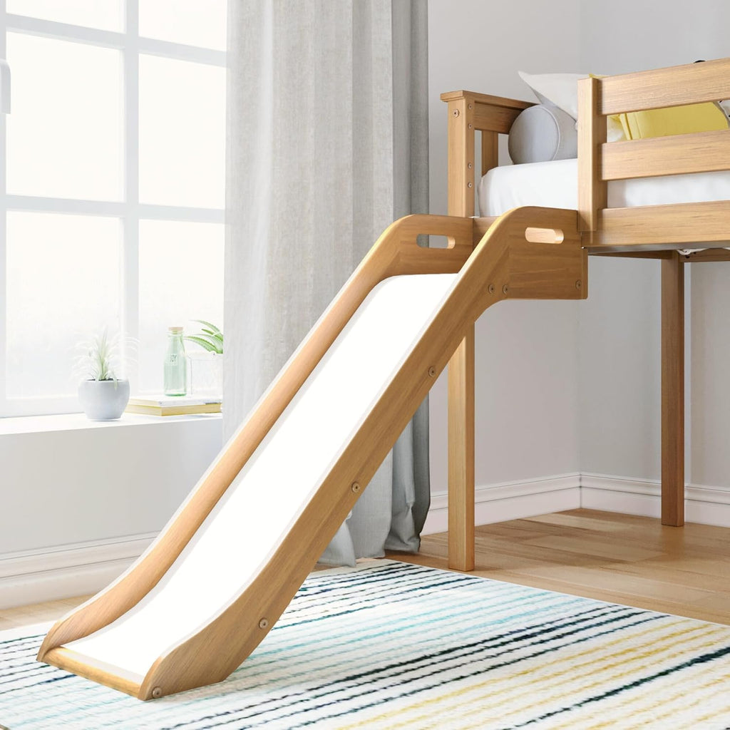 Max Lily Twin Size Low Loft Bed with Slide and Ladder, Classic Solid Wood Kids Bedroom Furniture, 400 lbs Weight Capacity, 14inch Safety Guardrail, Anti-Slip Steps, Pecan