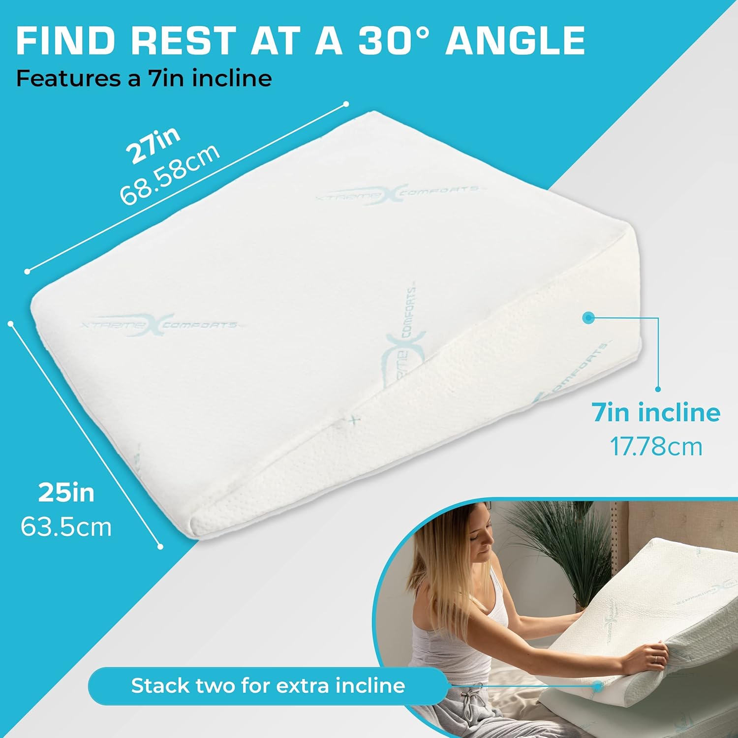 Xtreme Comforts Wedge Pillow Headboard | 7 Inch Bed Wedge Pillow Cushion for Sleeping, Reading, and Lounging | Multi-Use Support for Upright Rest as a Sleep Apnea Pillow, Back Support Leg Elevation