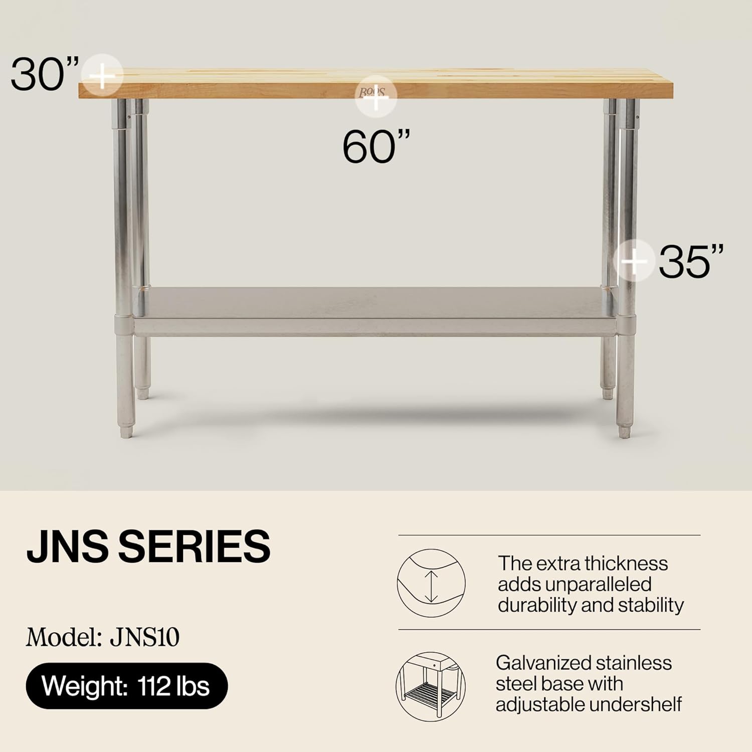 John Boos Maple Wood Top Work Table with Adjustable Lower Shelf, 60 x 30 x 1.5inch