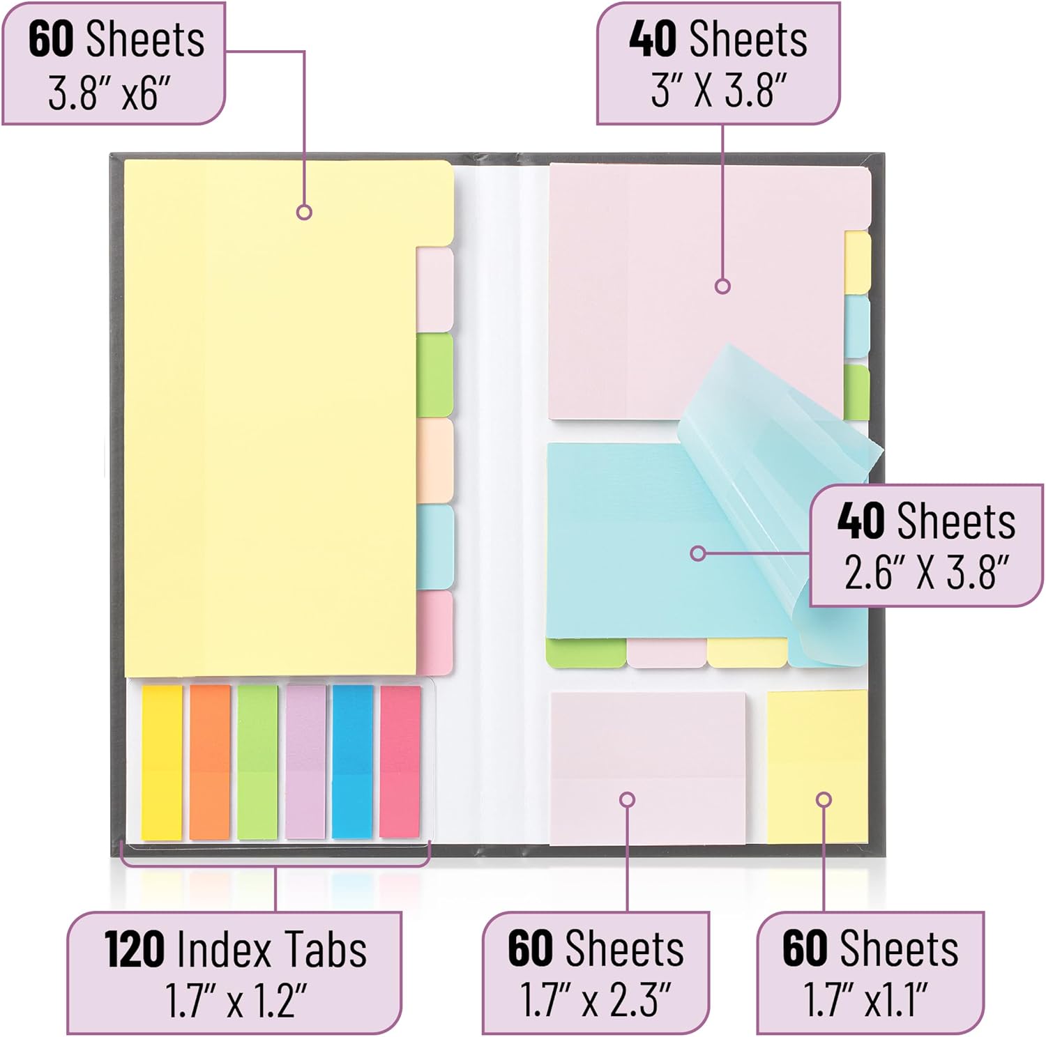 Sticky Note Set, 380 Pack, Pastel Colors, Transparent Sticky Notes Tabs, Divider, Christmas Gift