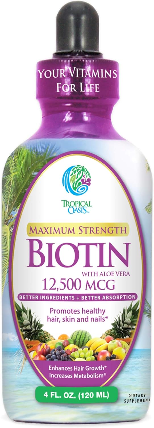 Maximum Strength Liquid Biotin Drops w/ 12,500 MCG ¨C Best Vitamins for Fast Hair Growth, Reduced Hair Loss, Healthy Skin Strong Nails -5X More Potent Than Pills¨C Max Absorption, Vegan¨C 4oz, 30 Serv