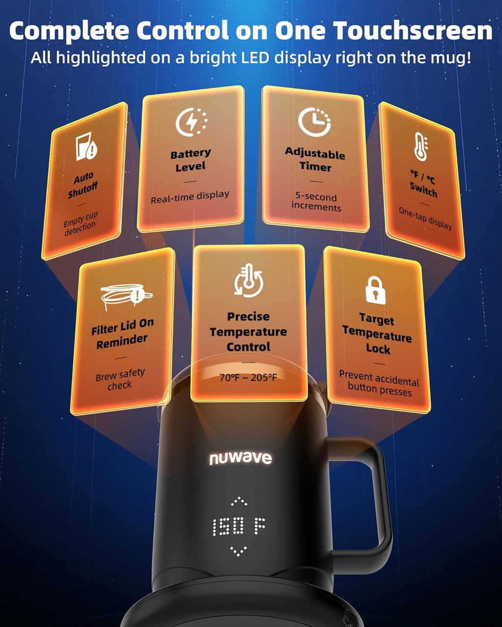 Nuwav Smar Heate Coffe Mu Rechargeable 16o Sel Heatin Temperatur Contro Mu wit LE Display Custo Bre Modes Double-Wal Vacuu Insulation 5-Hou Batter Life Aut Shut-Off