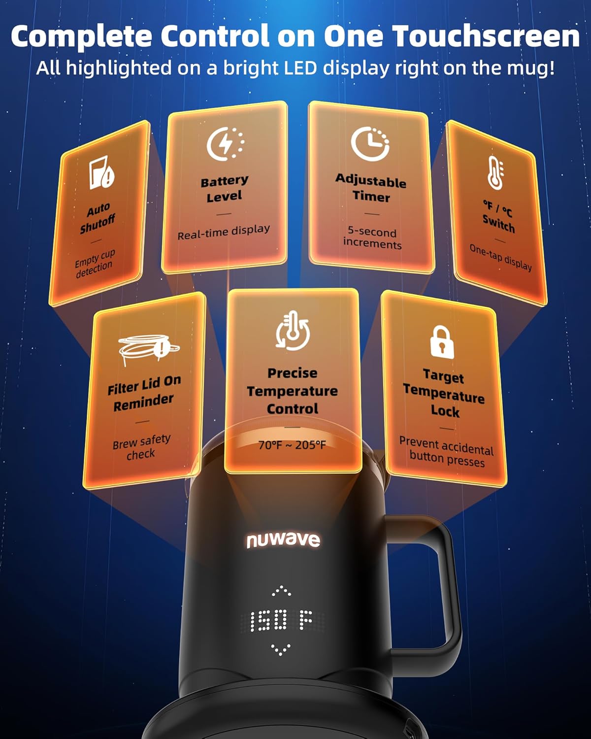 Nuwav Smar Heate Coffe Mu Rechargeable 16o Sel Heatin Temperatur Contro Mu wit LE Display Custo Bre Modes Double-Wal Vacuu Insulation 5-Hou Batter Life Aut Shut-Off