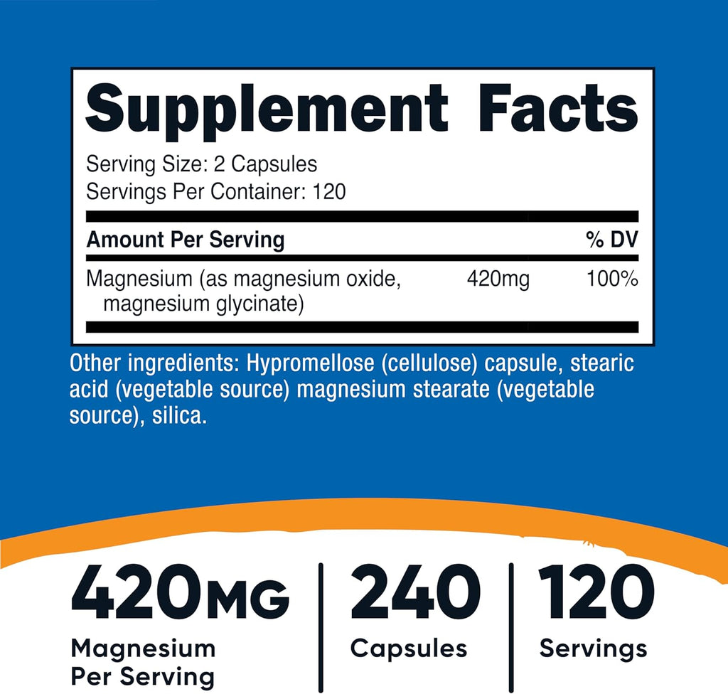 Nutricost Magnesium+ Extra Strength 420mg, 240 Capsules - 120 Servings. Magnesium Oxide and Glycinate - Non-GMO, Gluten Free, Vegan Friendly